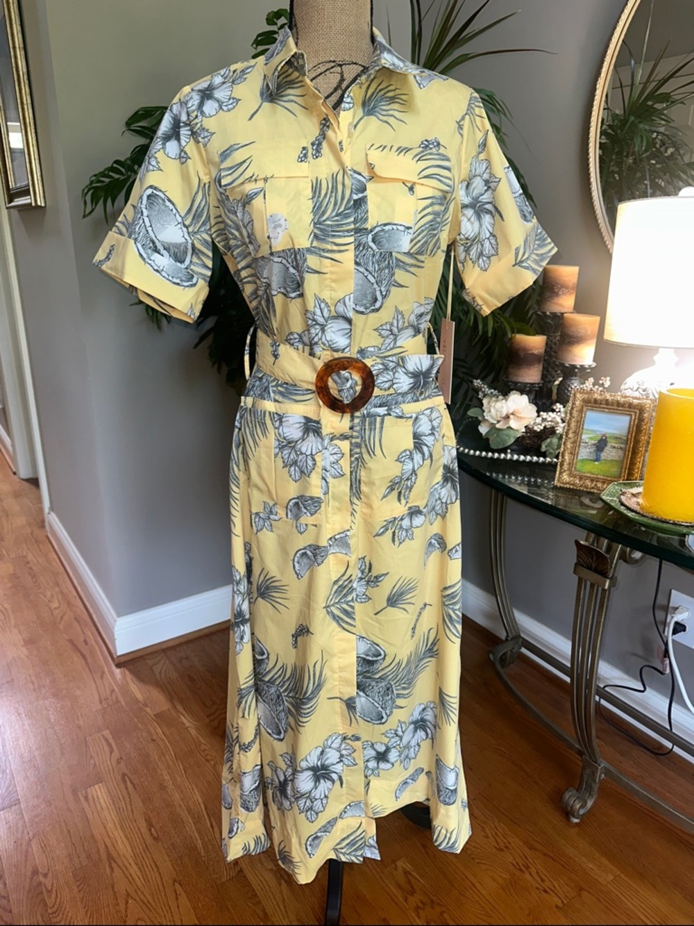 Liliana Meza Yellow Maxi Shirt Dress with Acrylic Buckle Belt size Medium NWT